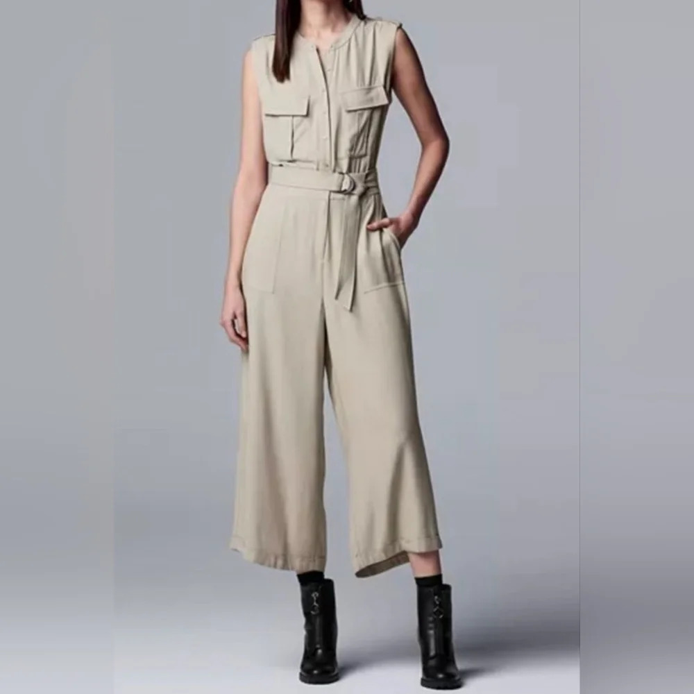 Wide Cropped Leg Sleeveless Belted Utility Jumpsuit in Khaki, Size XXL, EUC!